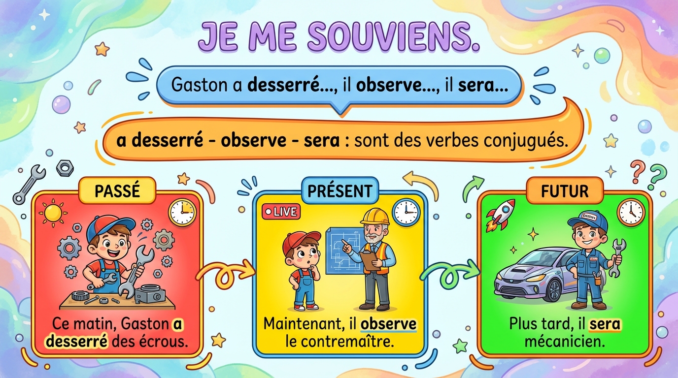 Ce matin, Gaston a desserré des écrous (passé). Maintenant, il observe le contremaître (présent). Plus tard, il sera mécanicien (futur).